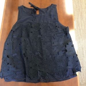 Ann Taylor Navy Floral Cutout Sheer Neck Top